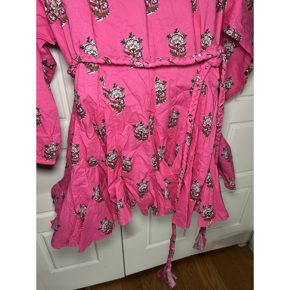RHODE Ella Dress Pink Floral Block Print Braided Belt Mini Long Sleeve Cotton L - Picture 8 of 11